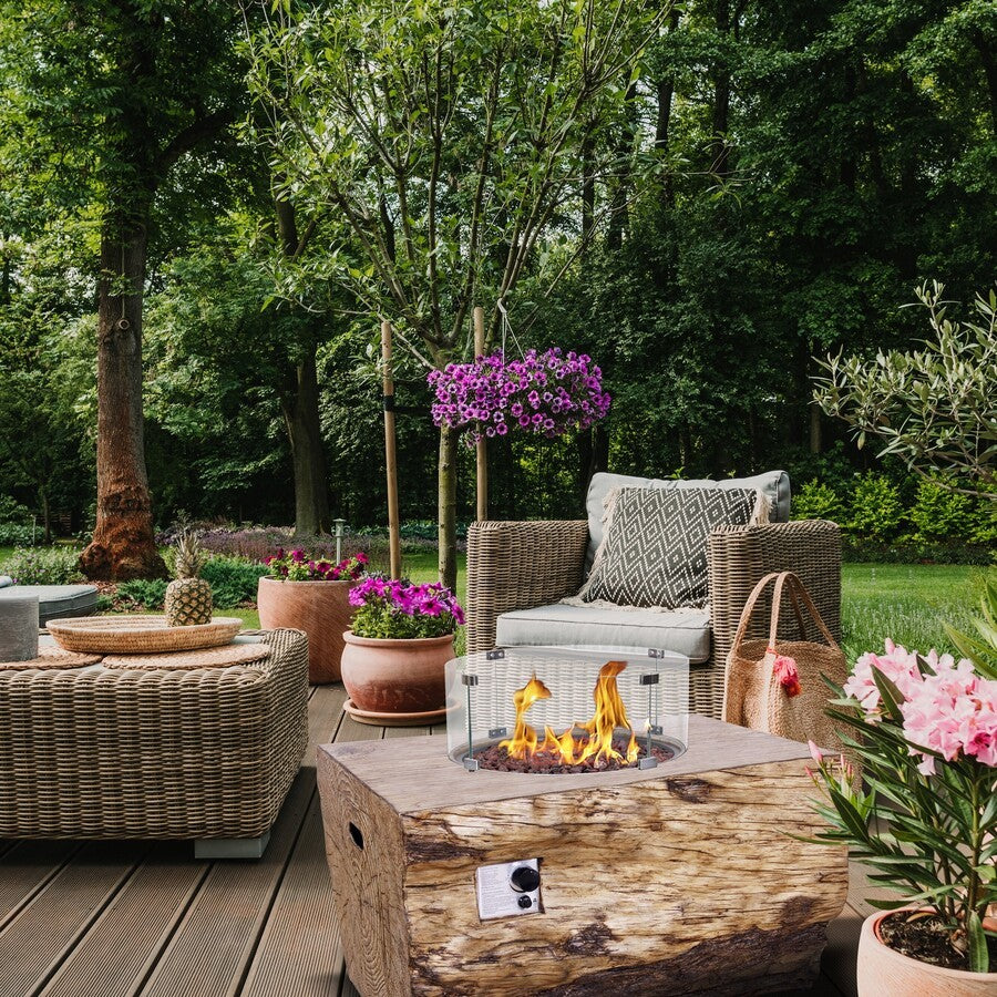 Verano Square Gas Firepit table In use in seating area on outdoor decking