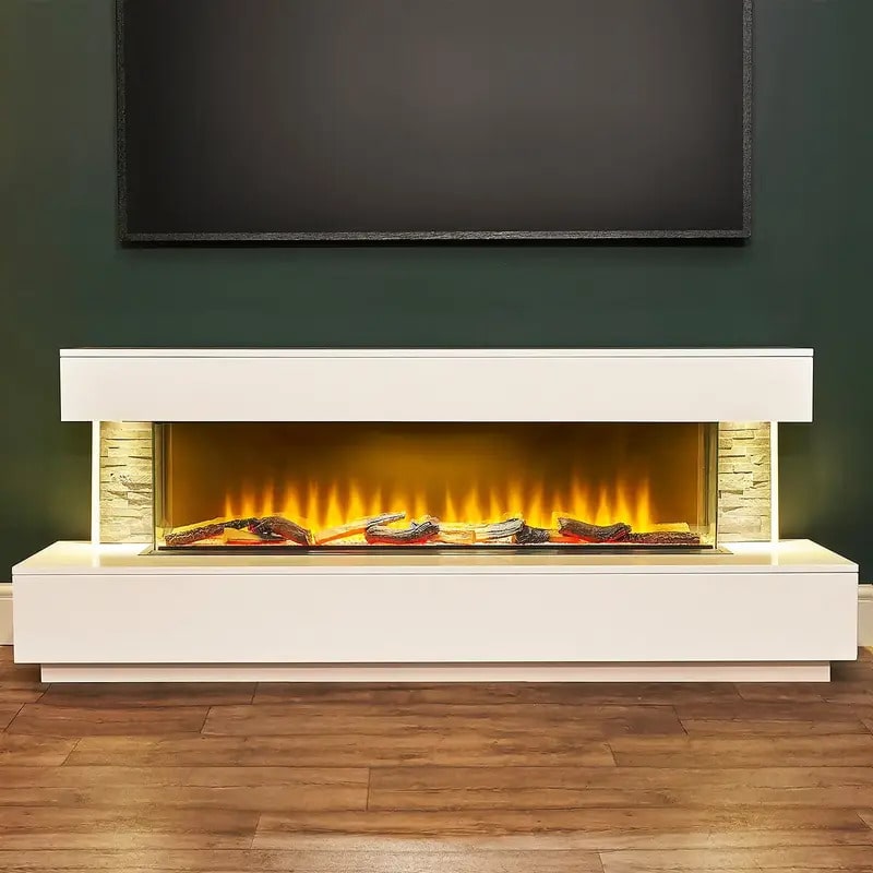 Acantha 69 Inch Aspen White Marble & Slate Fireplace Suite with Downlights